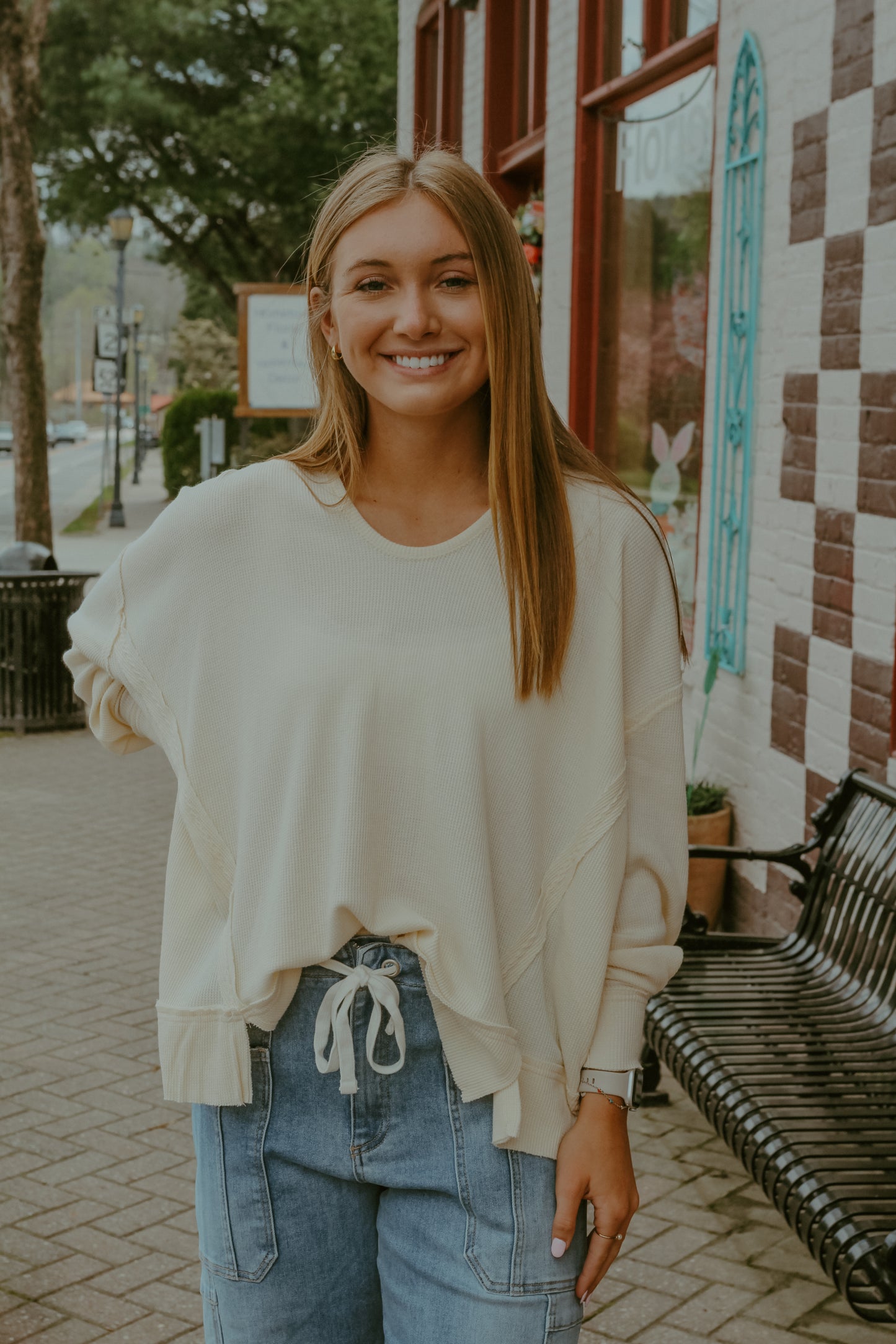 Cotton Blend Waffle Knit Oversized Top - White Sand
