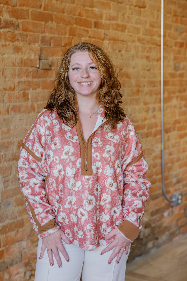Floral Cozy Fleece Pullover - Rust