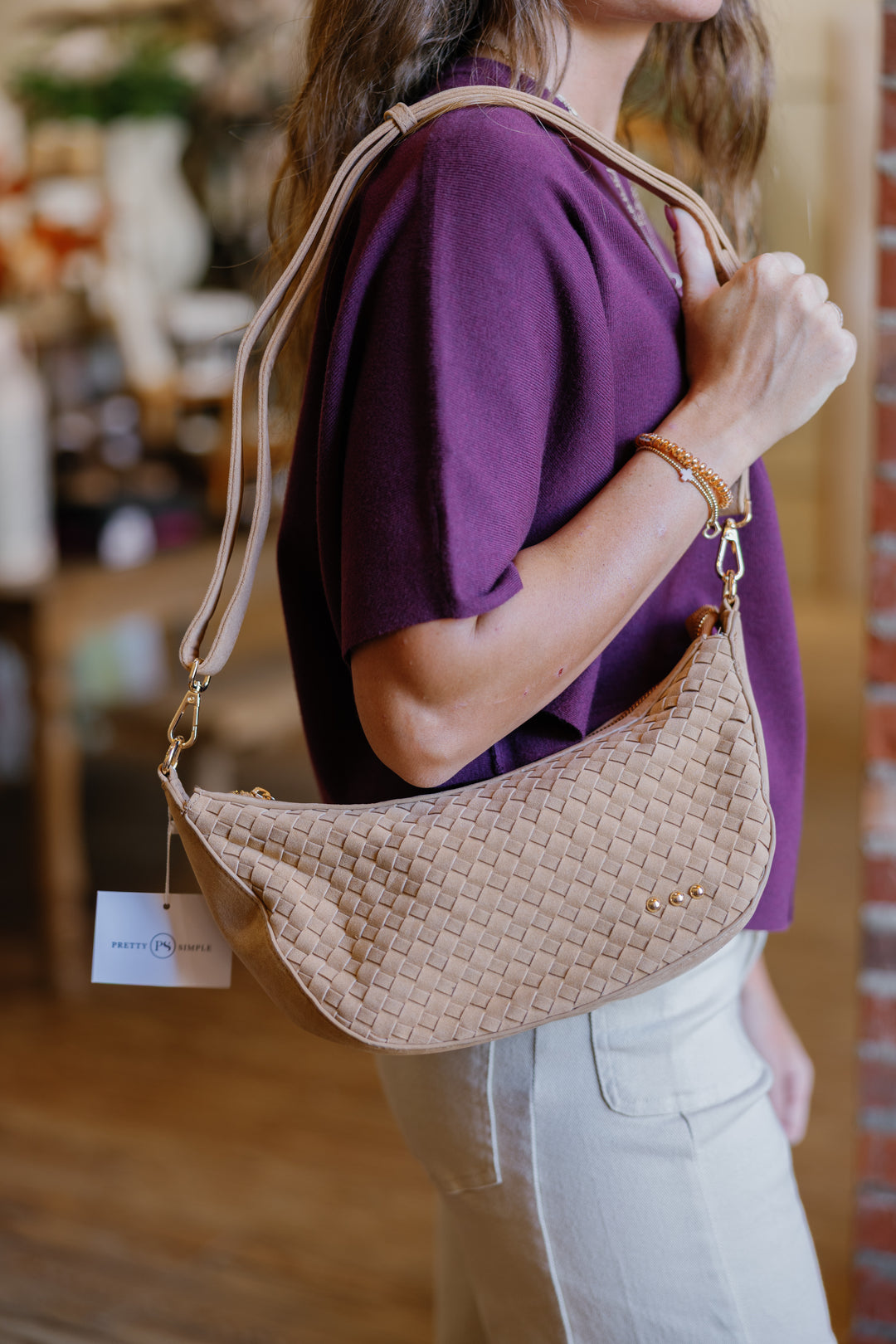 Paige Suede Woven Crossbody - Camel