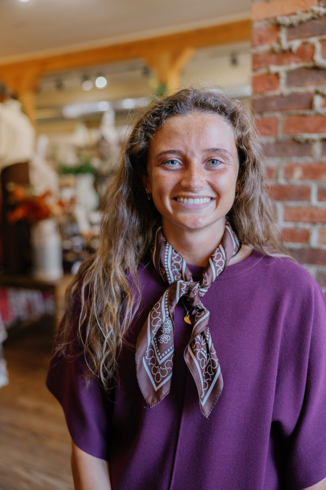 Floral Dot Satin Square Scarf - Brown