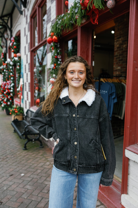Sherpa Collar Oversized Denim Jacket - Black