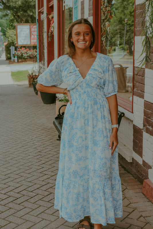 Cora Midi Dress - Ivory/Pale Blue