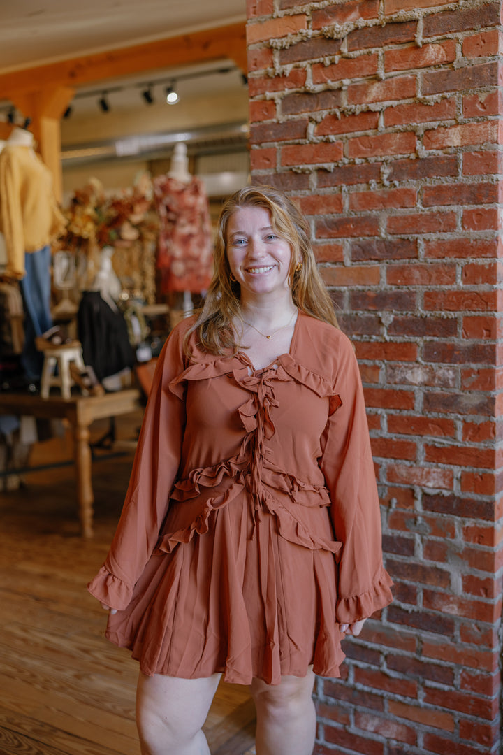 Rust Ruffle Tiered Mini Dress