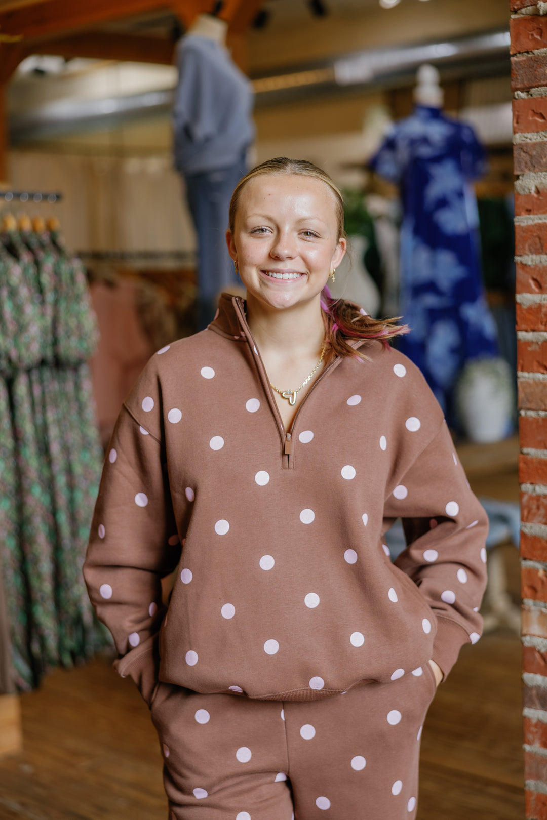 Polka Dot Quater Zip - Brown