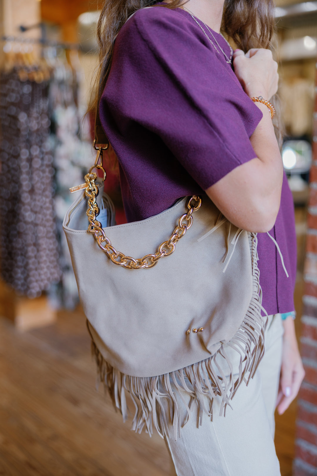 Loretta Suede Fringe Slouchy Bag - Taupe