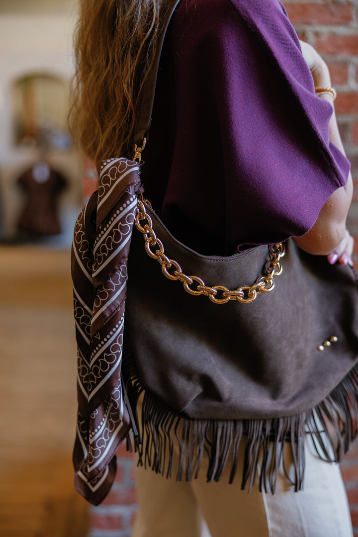 Loretta Suede Fringe Slouchy Bag - Chocolate