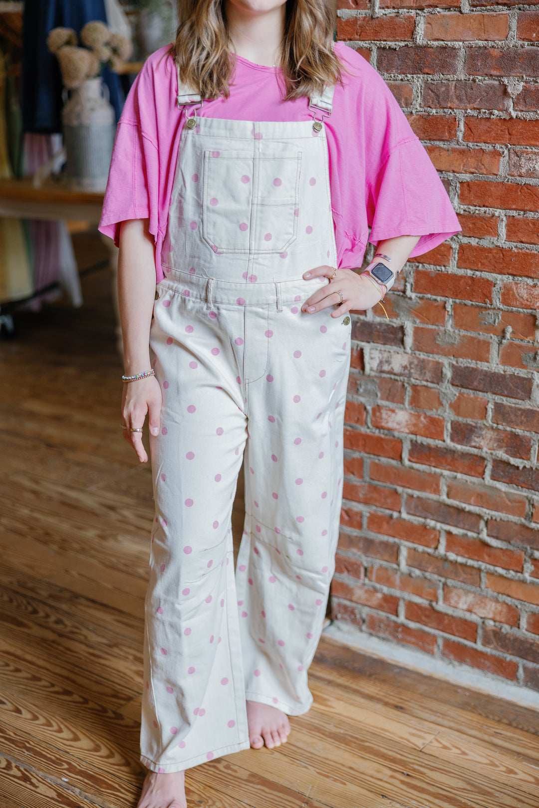 Polka Dot Printed Denim Barrel Overall Jumpsuit