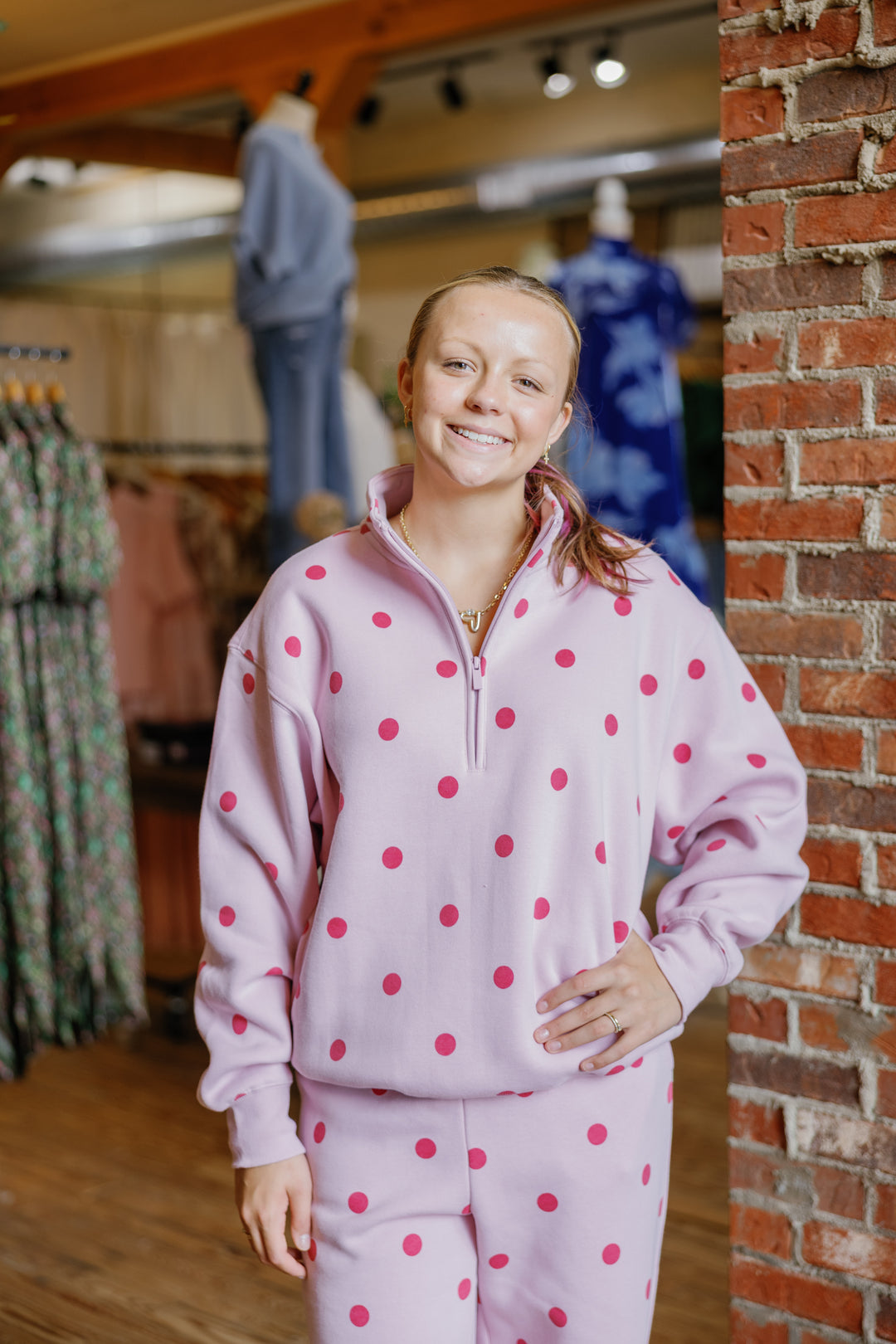 Polka Dot Quater Zip - Pink