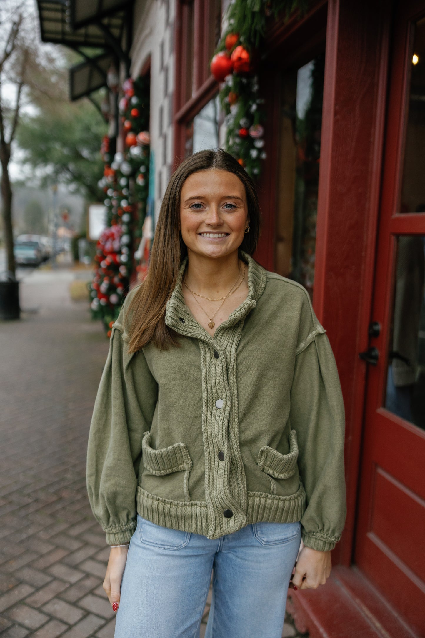 Ribbed Knit Trim Cardigan Jacket - Olive