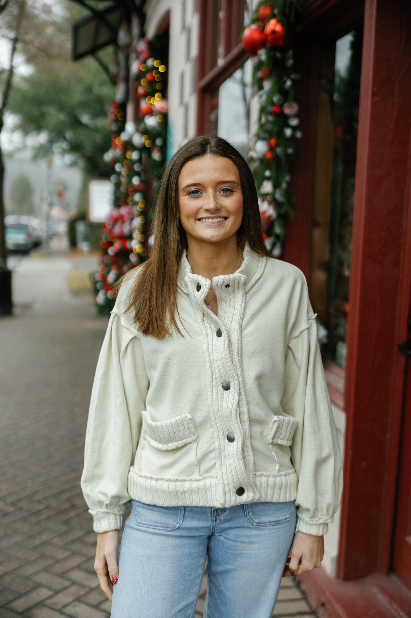 Ribbed Knit Trim Cardigan Jacket - Oatmeal