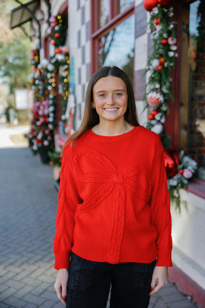 Bow Knit Long Sleeves Sweater - Red