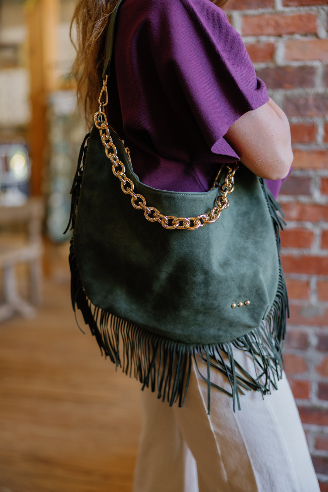 Loretta Suede Fringe Slouchy Bag - Olive