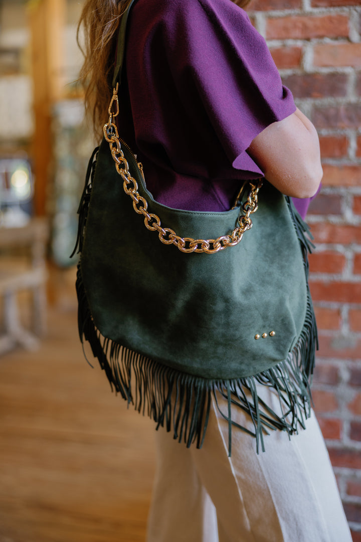 Loretta Suede Fringe Slouchy Bag - Olive