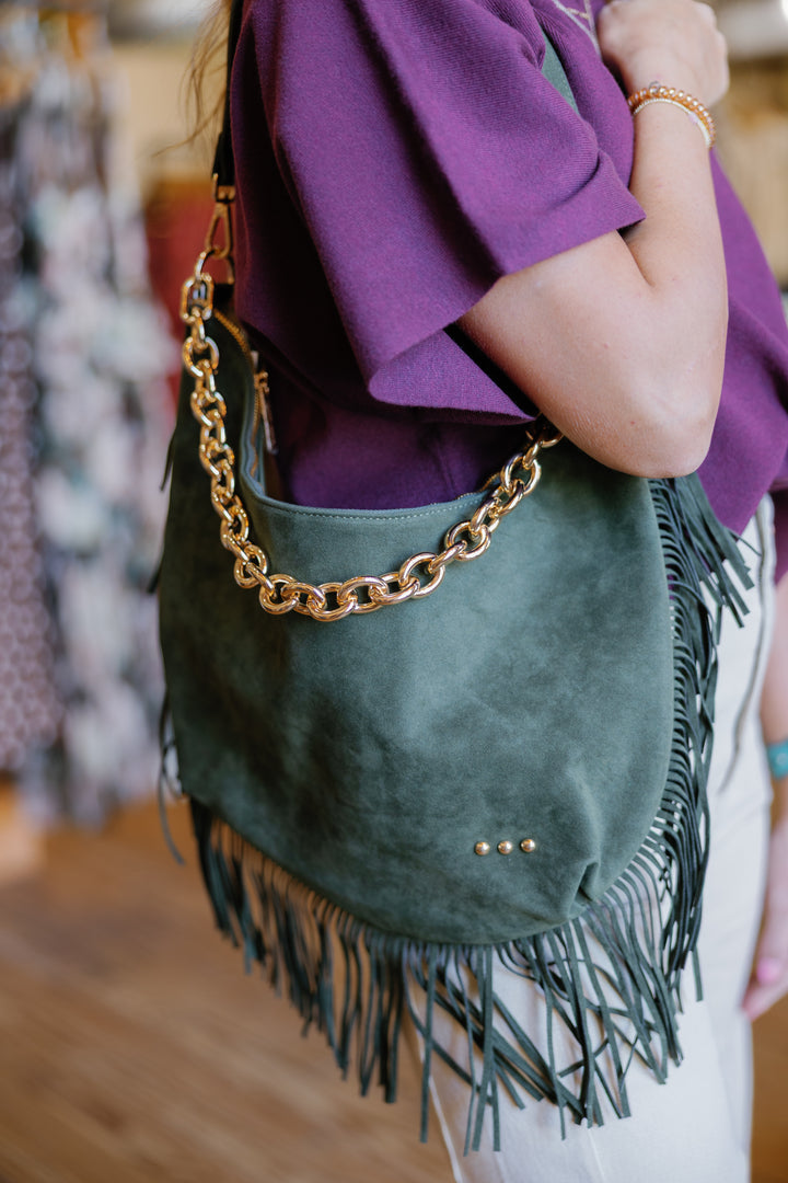 Loretta Suede Fringe Slouchy Bag - Olive