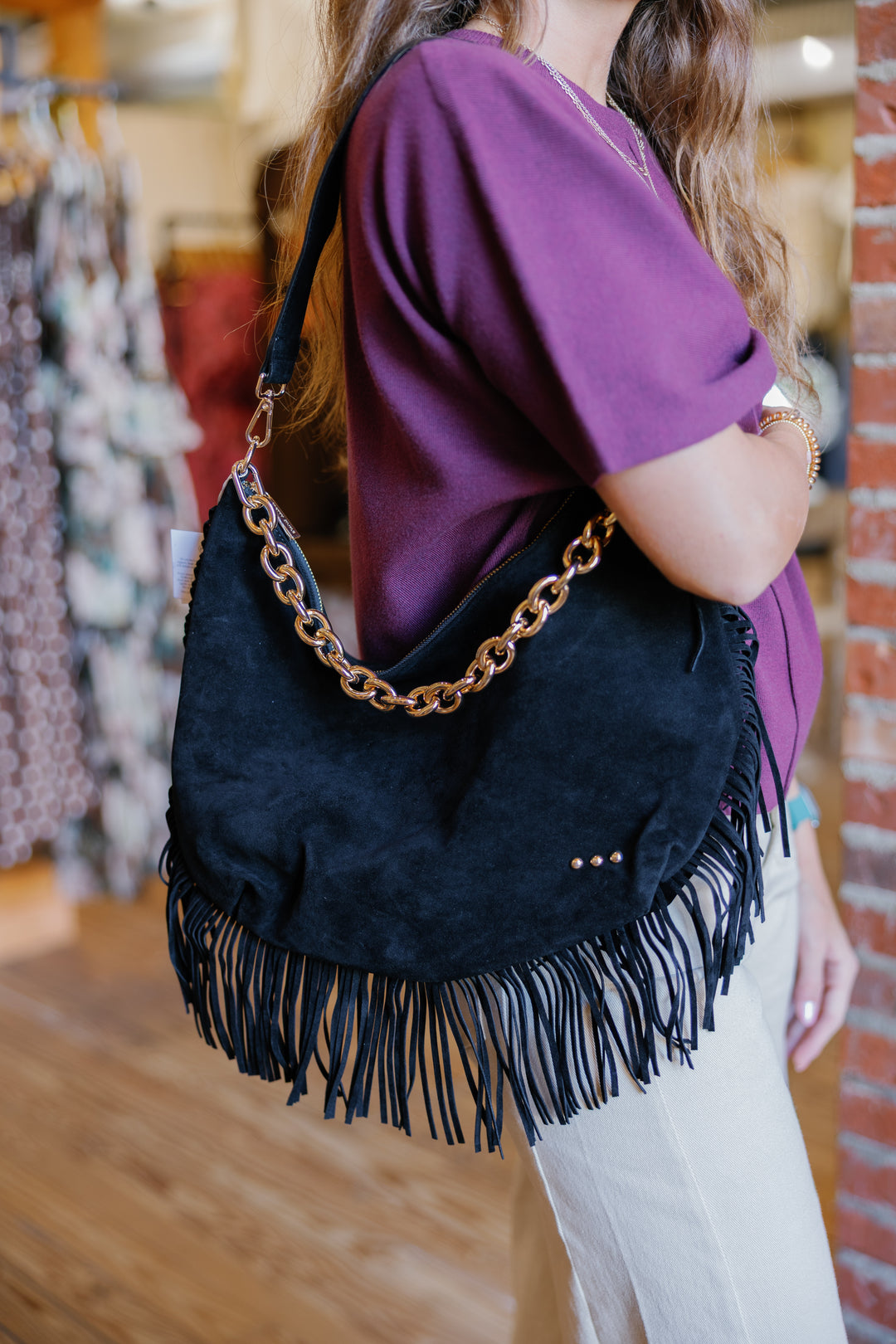 Loretta Suede Fringe Slouchy Bag - Black