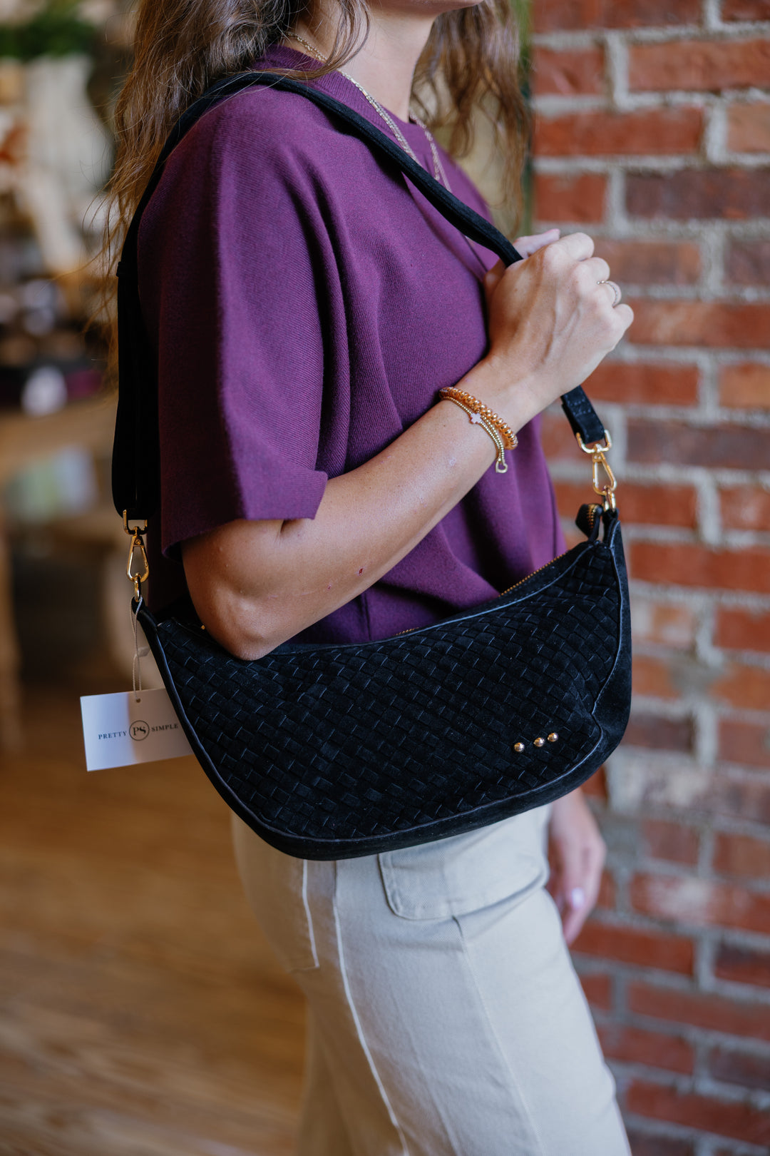 Paige Suede Woven Crossbody - Black
