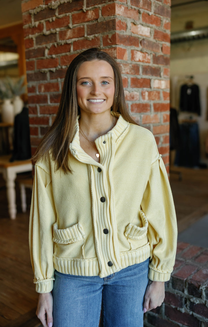 Ribbed Knit Trim Cardigan Jacket - Yellow