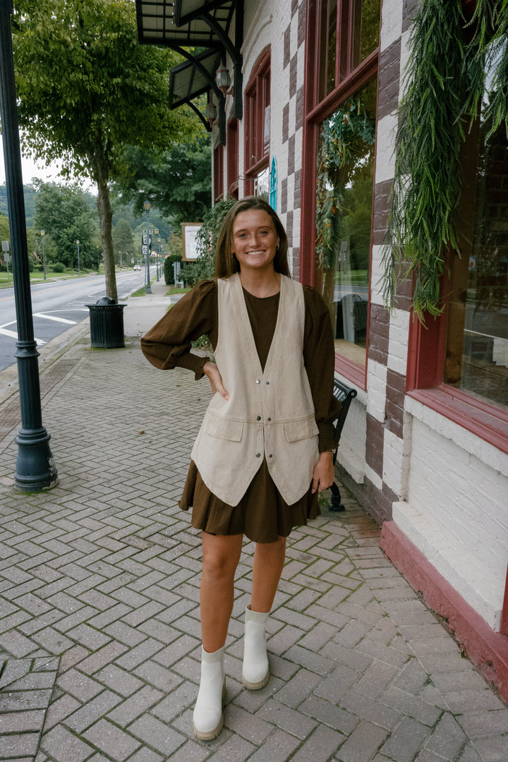 Denim Snap Front Vest - Brown