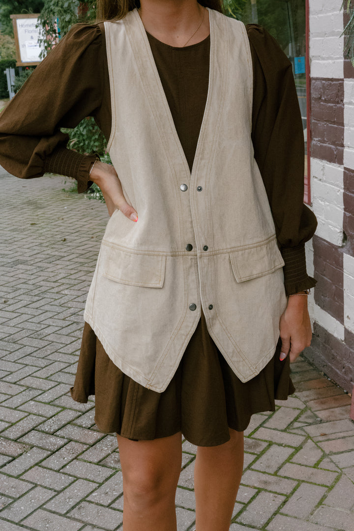 Denim Snap Front Vest - Brown