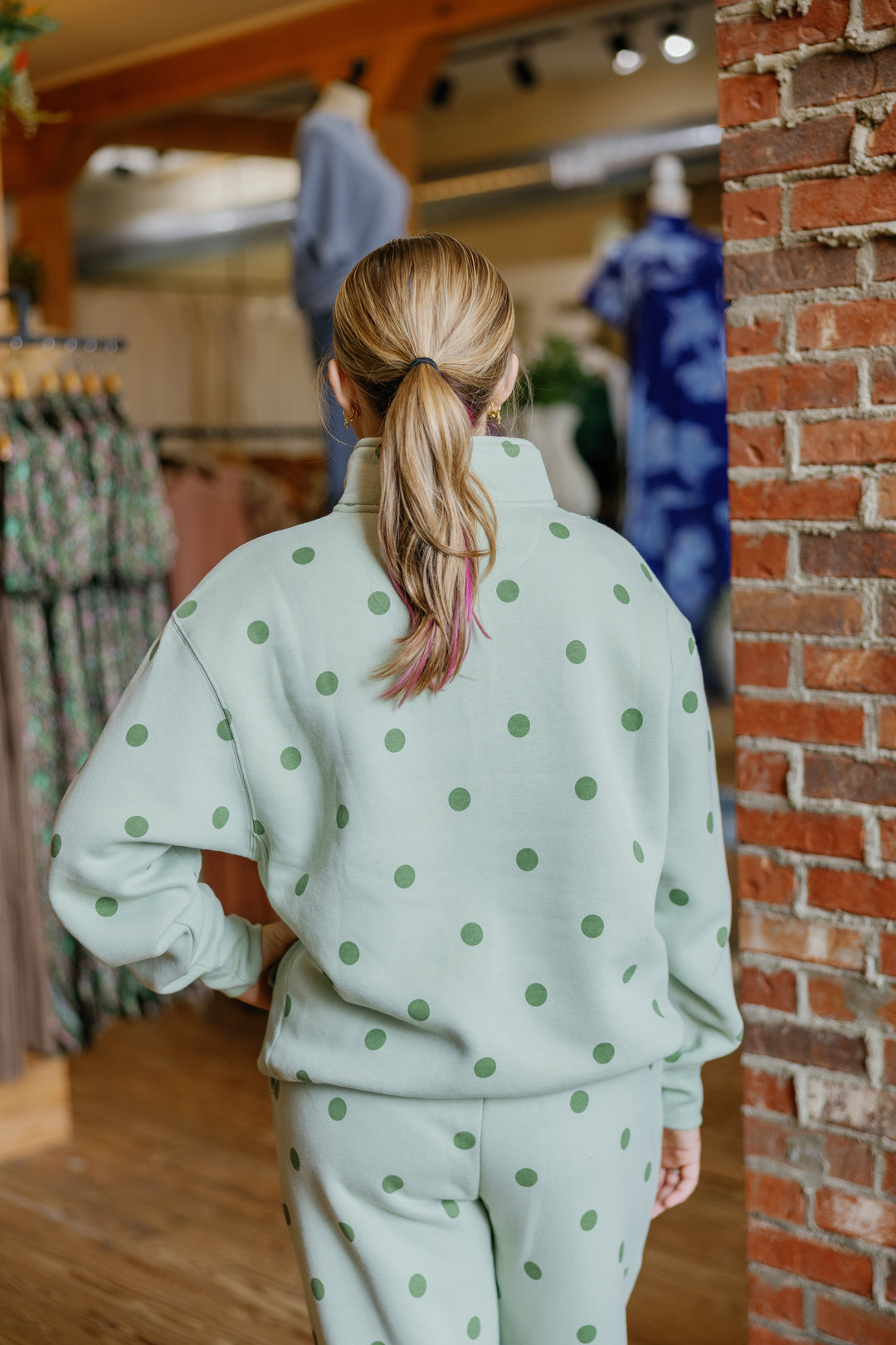 Polka Dot Quater Zip - Sage