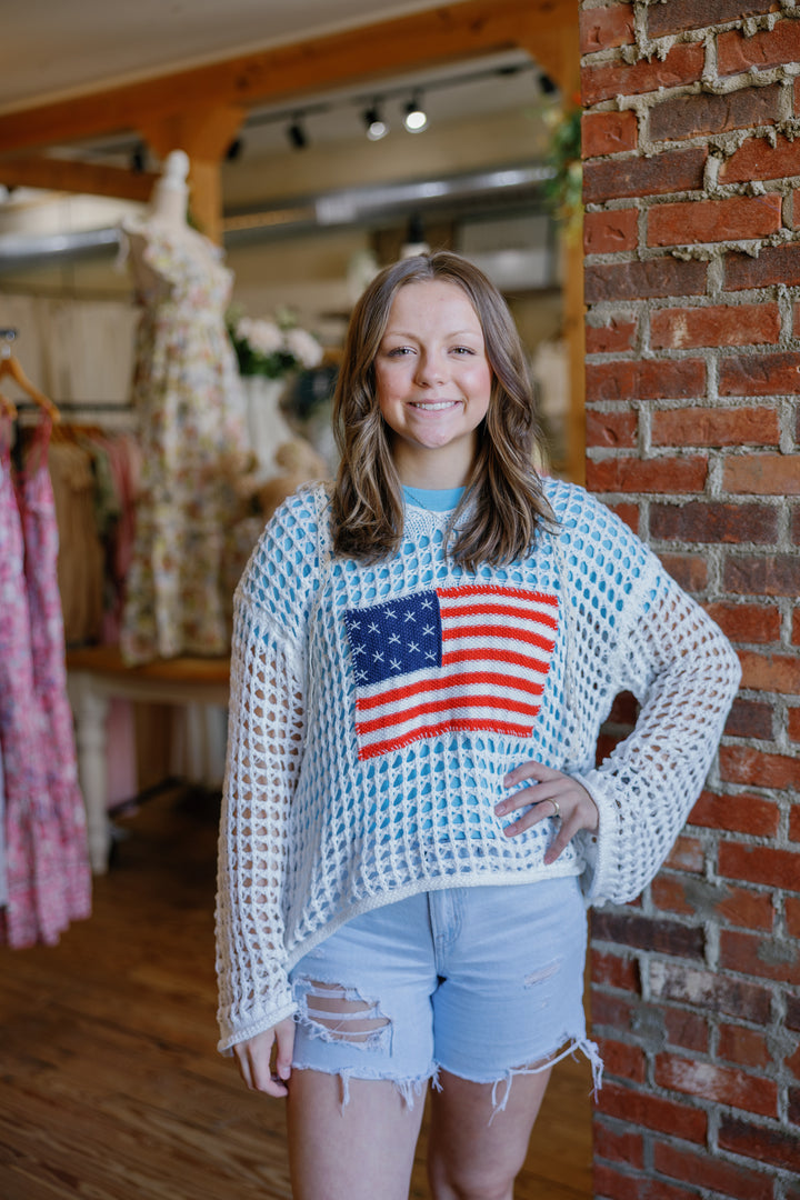 American Flag Knitted Hoodie Top - White