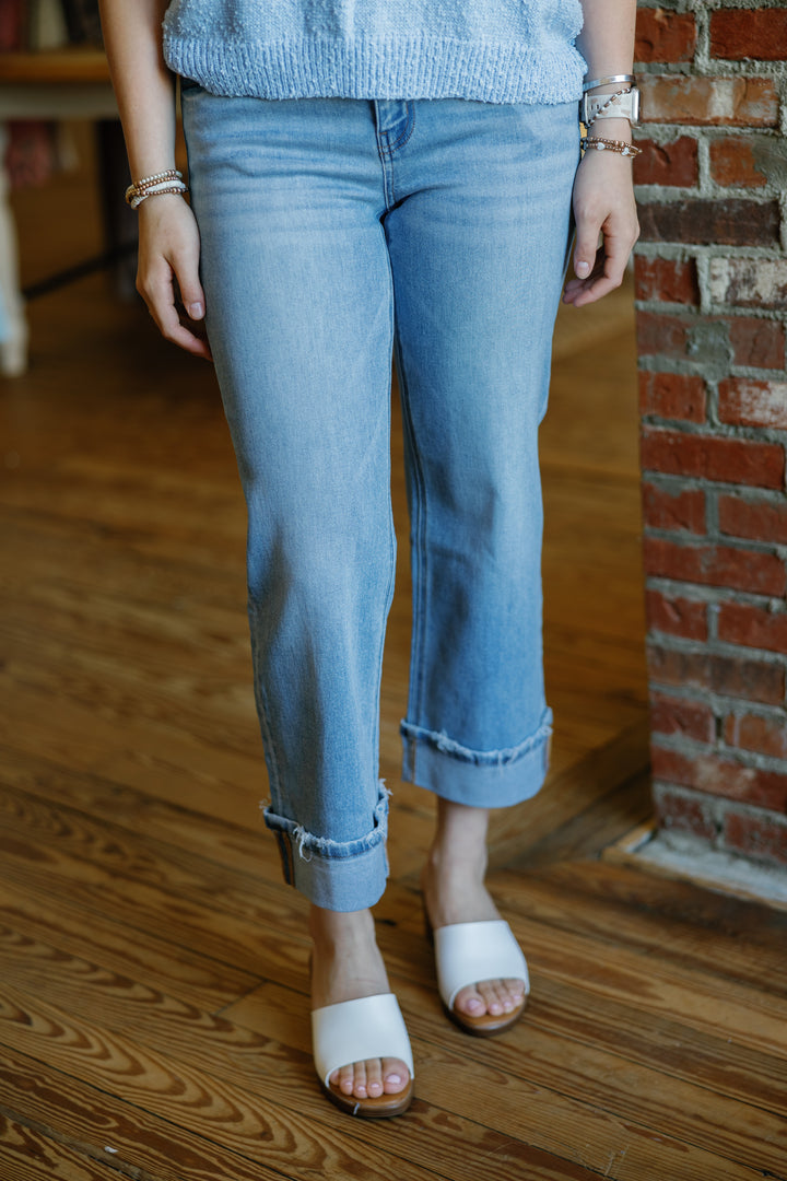 Audrey Mid Rise Medium Light Cuffed Slim Wide Jeans