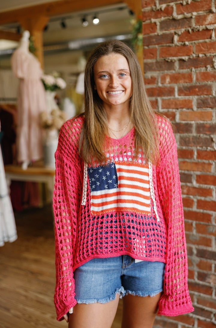 American Flag Knitted Hoodie Top - Red