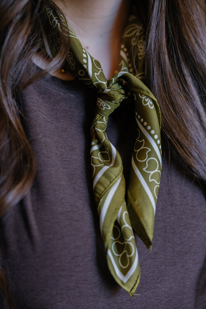 Floral Dot Satin Square Scarf - Olive