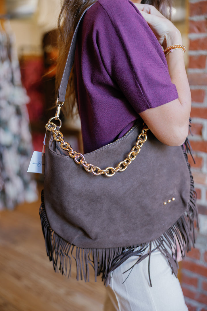 Loretta Suede Fringe Slouchy Bag - Chocolate
