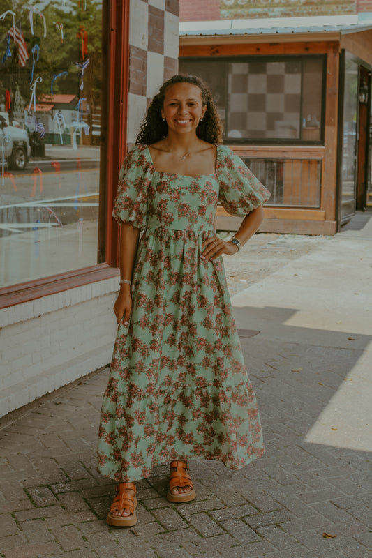 Roses & Bow Printed Puff Sleeve Maxi Dress