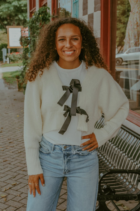 Bow Crop Cardigan Sweater - Ivory/Black