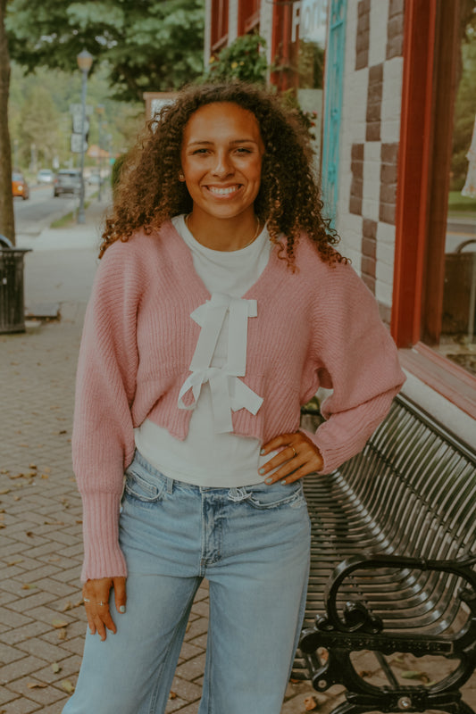 Bow Crop Cardigan Sweater - Pink/Cream