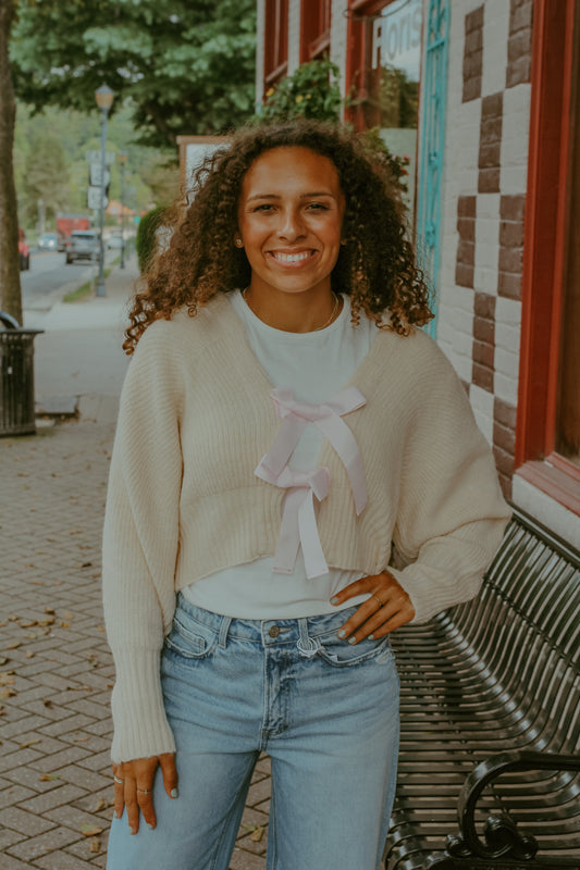 Bow Crop Cardigan Sweater - Cream/Pink