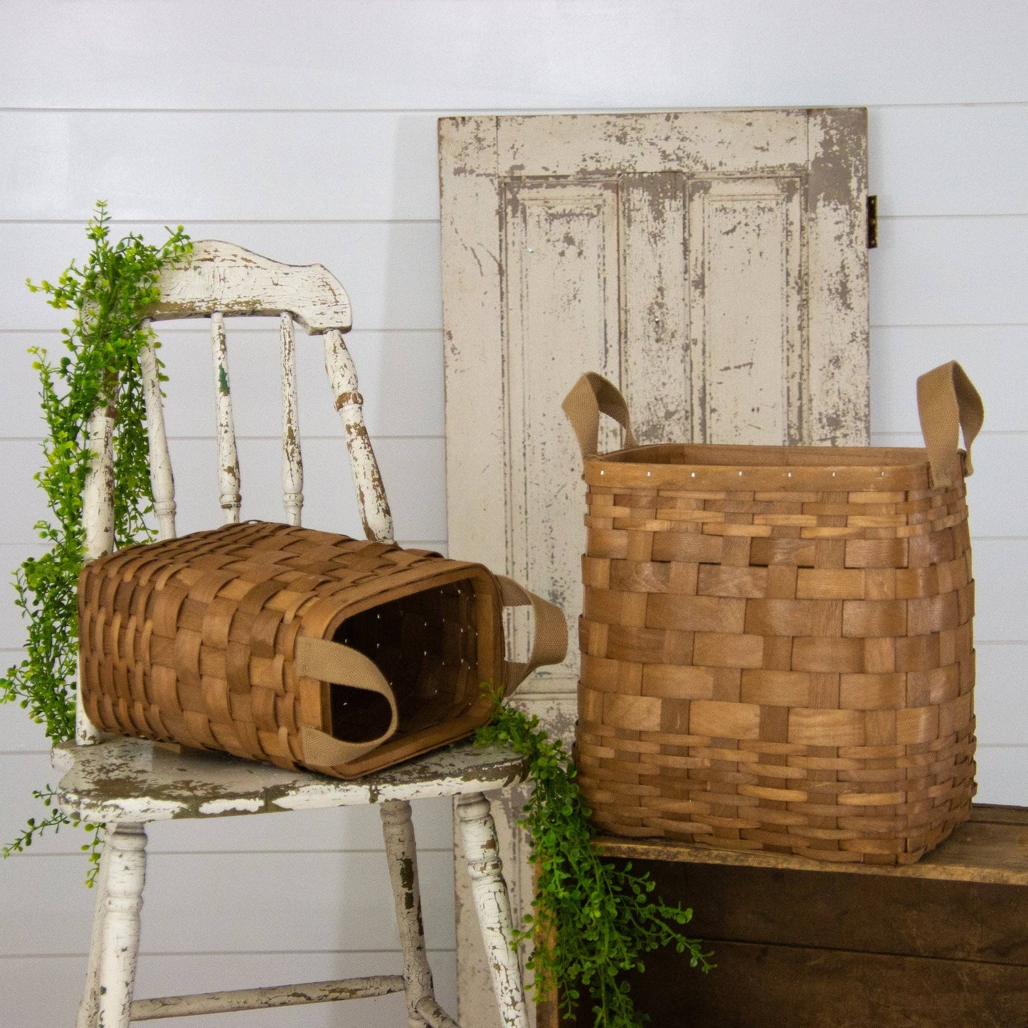 Woven Chipwood Storage Baskets with Fabric Handles - SET